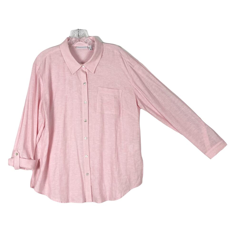 NWOT SUSAN GRAVER Shirt MP Pink Linen Mother-Pearl-Button-Up Roll Tab Long-Slv